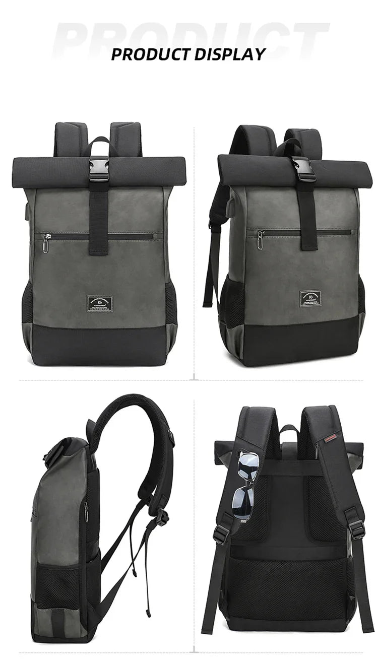 Waterproof usb Computer Backpacks Bags Lightweight PU Leather Men Luxury Roll top Rucksack for Women Men mochilas hombre рюкзак