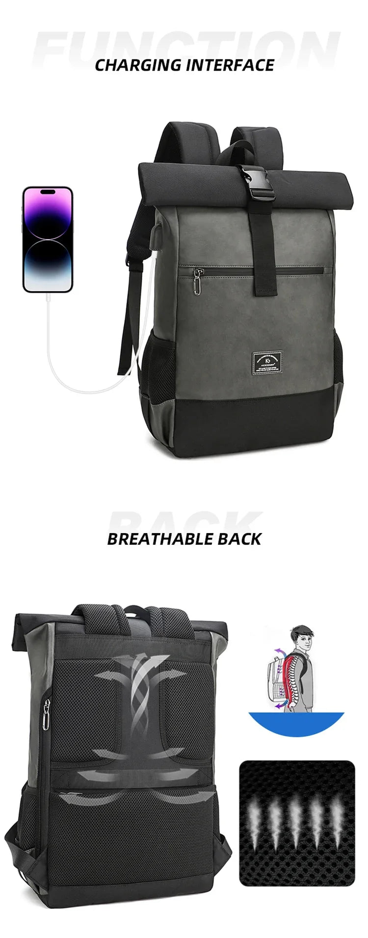 Waterproof usb Computer Backpacks Bags Lightweight PU Leather Men Luxury Roll top Rucksack for Women Men mochilas hombre рюкзак
